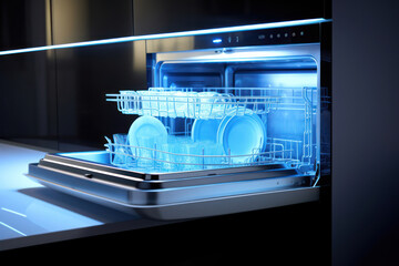 Clean and Modern: A Busy Dishwasher Keeps the Kitchen Spotless, Hygienic, and Organized - obrazy, fototapety, plakaty