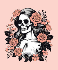 Skull girl with flowers. Vector illustration. Tattoo art.