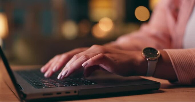 Hands typing, laptop and planning at night for work from home, online copywriting and website research. Freelancer, writer or person closeup on computer keyboard for article, editing or social media