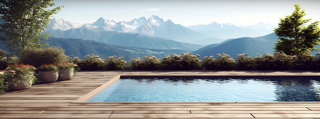 Luxury resort spa pool with mountain views, generative ai. - obrazy, fototapety, plakaty