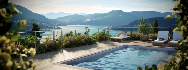 Luxury resort spa pool with mountain views, generative ai. - obrazy, fototapety, plakaty