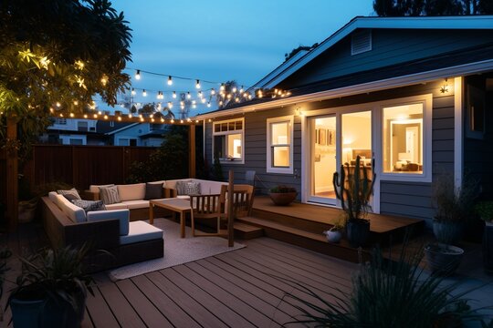 Cozy backyard modern home festooned with garlands in evening, place to relax, generative ai.