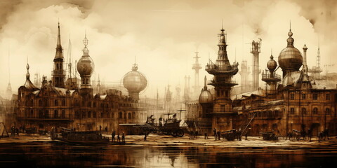 Old town in antique Berlin, in the style of sepia, steampunk, drawing - obrazy, fototapety, plakaty