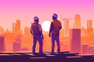 Workers wearing safety helmets at a construction site, generative ai.