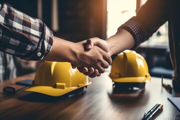 Architect and builder shaking hands, starting new project. - obrazy, fototapety, plakaty