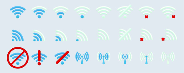 WiFi icon and wi-fi signal strength 3D collection for mobile device. Wireless internet connection collection. No wi-fi, Without wi-fi mobile phone vector. Set of free Wi Fi and hotspot icon. Vector.