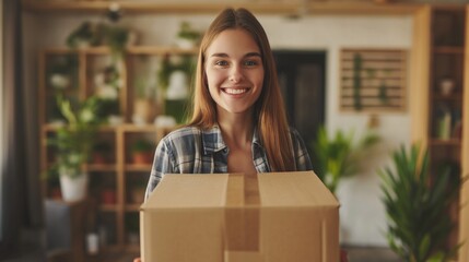 Happy young woman in casual holding box with something and smiling, home interior, making order on Internet with delivery.
