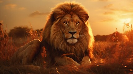 Intense Gaze: Majestic Lion Basking in Golden Hour Light - AI-Generative