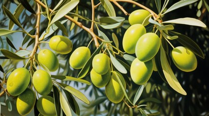 Fototapeta premium Green Olives Hanging on a Sunny Branch