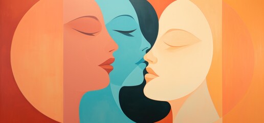 silhouette of a man and woman on an orange background, in the style of light aquamarine and pink, beautiful women