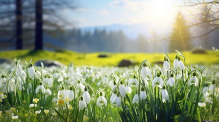 Fototapeta premium Sunrise Over Meadow Blooming with White Flowers