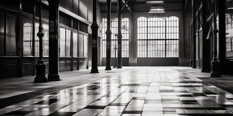Abandoned factory interior,  with brick walls and steel columns, light entering through steel windows, black and withe