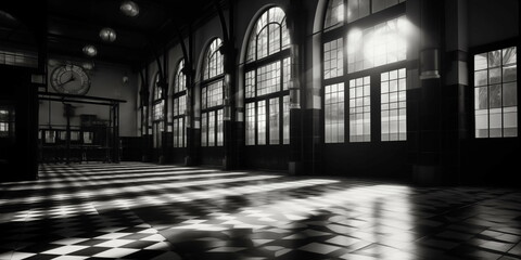 Abandoned factory interior,  with brick walls and steel columns, light entering through steel windows, black and withe