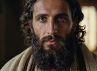 Close up of Jewish Man's face - Jesus of Nazareth photo, with brown hair and skin, and piercing gaze
