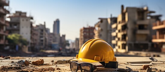 yellow helmet on construction site and excavator background on building construction - obrazy, fototapety, plakaty