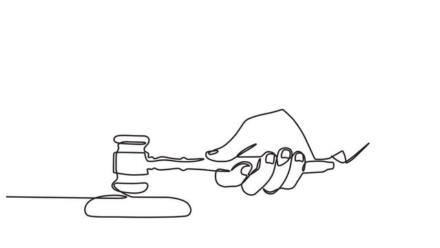 Continuous one line animation. Hand drawn animated motion graphic element of a hand holding a judge's gavel. concept of court, lawyer, related to the law of justice. 4k videos