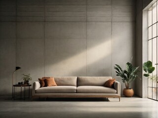 Indoor interior wall room with furniture and sofa, plain concrete background wallpaper 