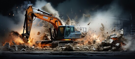 close up of Backhoe bucket working on old building demolition site - obrazy, fototapety, plakaty