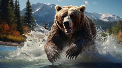 Majestic Grizzly Bear in Action, Skillfully Hunting Fish in Natural Habitat - AI-Generative