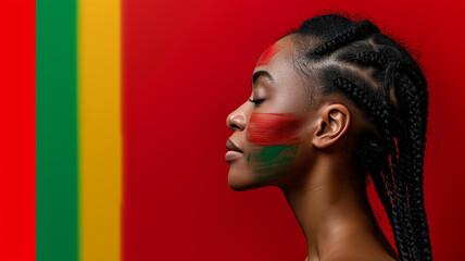 Horizontal poster with African American women profile for Black History Month. Symbol of struggle for minority rights; proud black girl on red background with copy space and painted cheek