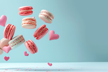 Pink macaroons flying on a pastel background with red love hearts. Valentines sweet gift - obrazy, fototapety, plakaty