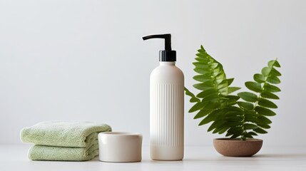 Fototapeta na wymiar Elegant Bathroom Essentials with Green Plant Decor
