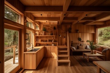 Cozy wooden cabin with timber interiors. Generative AI