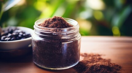 Closeup of a glass jar filled with homemade body scrub, made from ethically sourced coffee grounds and sugar.
