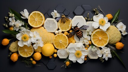 Bees Buzzing Around Fresh Lemons and Flowers