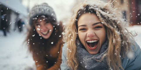 Happy friends smile and enjoy taking photo in winter snowy day  ,Winter and Christmas time concept - Powered by Adobe