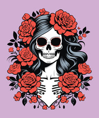Skull woman with rose flowers. Vector illustration for tattoo or t-shirt design.
