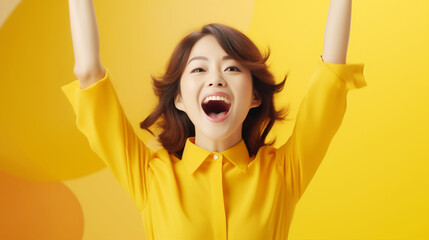 黄色の中ガッツポーズで喜ぶ若い女性 woman fist pump in yellow