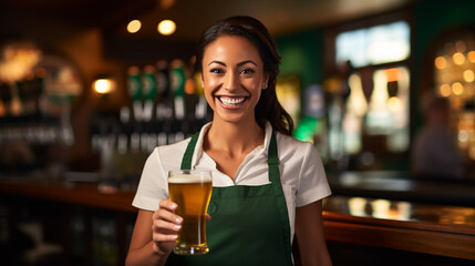 Smiling black female waitress in a white t-shirt and green apron holding a mug of beer for st....