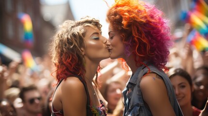 Obraz na płótnie Canvas lesbians kissing on pride parade.
