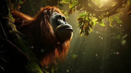 Obraz premium Playful Orangutan Amidst Lush Tropical Foliage - AI-Generative