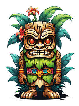 Tiki mask cartoon character with flowers and leaves on transparent background