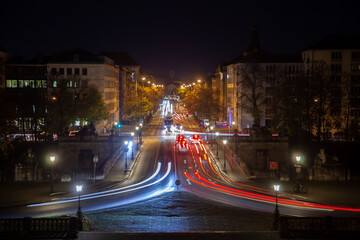Fototapeta na wymiar Dazzling Munich Skyline Aerial with Night Traffic Lights