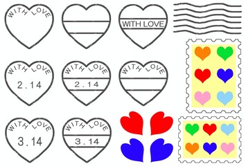 Heart-shaped postmarks with dates for Valentine's Day, White Day, February and March 14th, heart-patterned stamp style. 