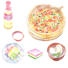 ちらし寿司と蛤のお吸い物と三色団子のイラストセット