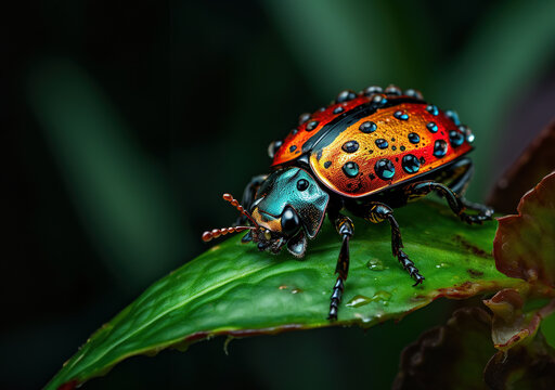 Image of spotted tortoise beetle on green leaves., Insect.