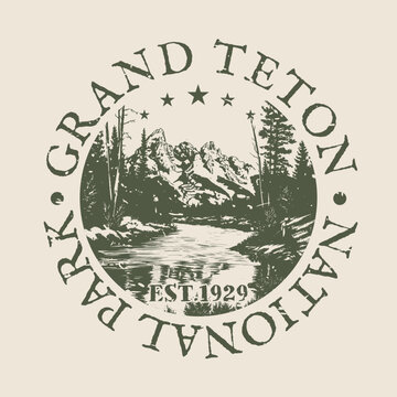 Grand Teton, Wyoming, United States Illustration Clip Art Design Shape. National Park Vintage Icon Vector Stamp.