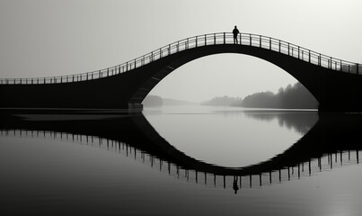 Arch bridge made of wrought iron, black and white, in the style of german romanticism