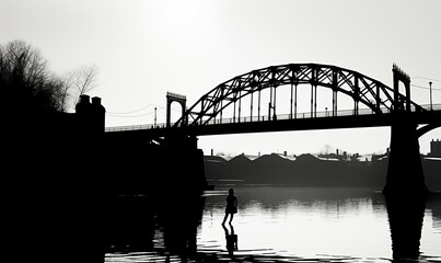 Arch bridge made of wrought iron, black and white, in the style of german romanticism