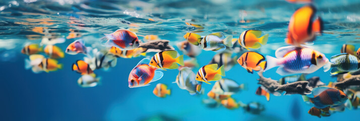 Obraz premium Colorful tropical fish swarm near the surface of clear blue water, creating a mesmerizing underwater scene.