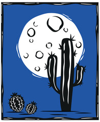 Engraving of cactus on a full moon night. Woodcut vector
