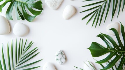 Top view of natural white stones and palm leaves on a white background. Spa background, top view. A tropical summer background for luxury product placement - obrazy, fototapety, plakaty