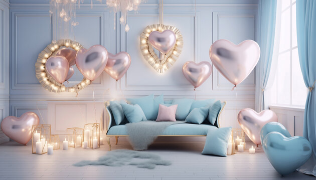 Romantic bedroom with a Valentine's Day feel. Pink romantic room decoration with floating balloons and gift boxes. - Powered by Adobe
