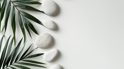 Obraz na płótnie Canvas Top view of natural white stones and palm leaves on a white background. Spa background, top view. A tropical summer background for luxury product placement