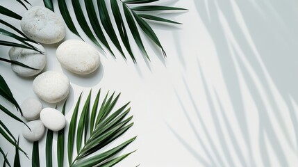 Top view of natural white stones and palm leaves on a white background. Spa background, top view. A tropical summer background for luxury product placement - obrazy, fototapety, plakaty