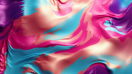 Abstract background filled with metallic liquid waves with a shiny finish. The combination of blue, pink and purple forms a futuristic wave pattern that creates a dynamic and modern look.